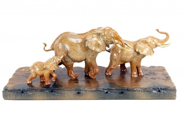 Bronze Family of Elephants on Ship Plank - Animal Figurine by Milo