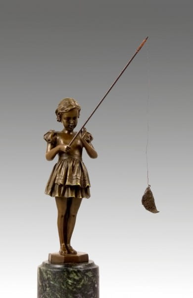 Beautiful Art Deco statue - Girl with fishing rod - F. Preiss