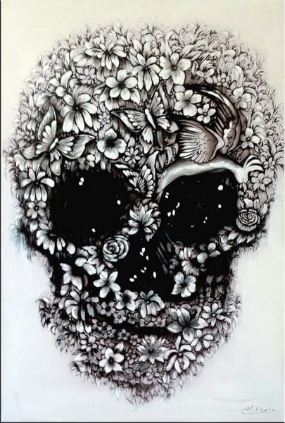 Flower Skull black and white - Modern Acrylic Painting