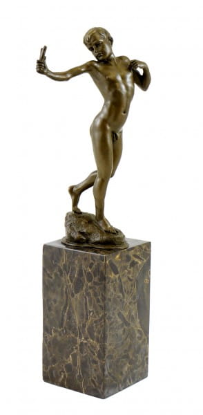 Small Male Nude Bronze - Boy with Catapult - signed Milo