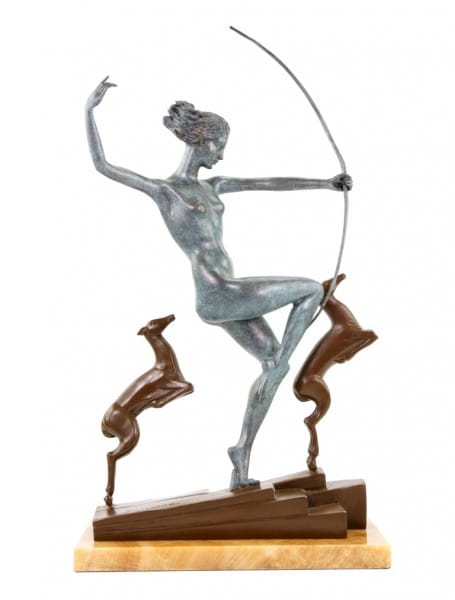 Art Deco Bronze Statue - Diana with fawns - signed A. Bouraine