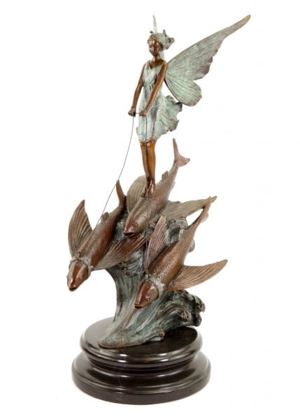 Limited Art Nouveau Bronze Statue - Elf Riding on Flying Fish by Milo