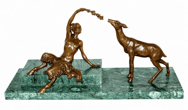 Satyr Statue - Satyr feeds Deer - Signed Bouraine
