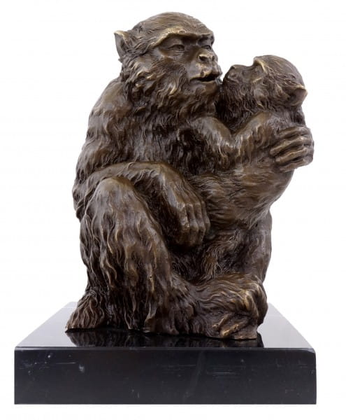 Bronze Mother Monkey With Her Young - Animal Sculpture - signed