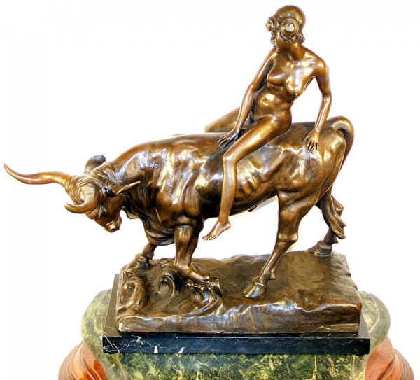 Art Nouveau Bronze- nude Lady on buffalo bull, A. Hussmann