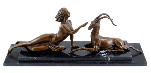 Female Nude with Gazelle - Art Deco Bronze - Marcel Bouraine