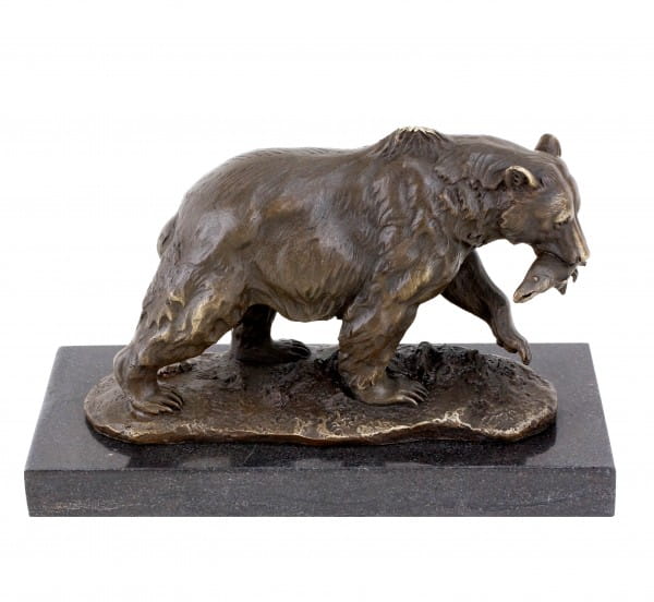 Grizzly Bear with Salmon - Animal Sculpture - Bronze Brown Bear